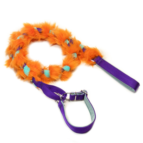 Laisse tressé avec fausse fourrure et collier intégré